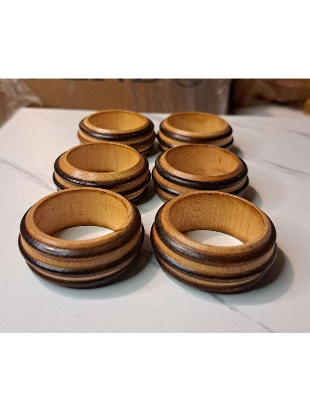 Vintage Set of 6 Danish Mid-Century Modern Wood Napkin Rings
